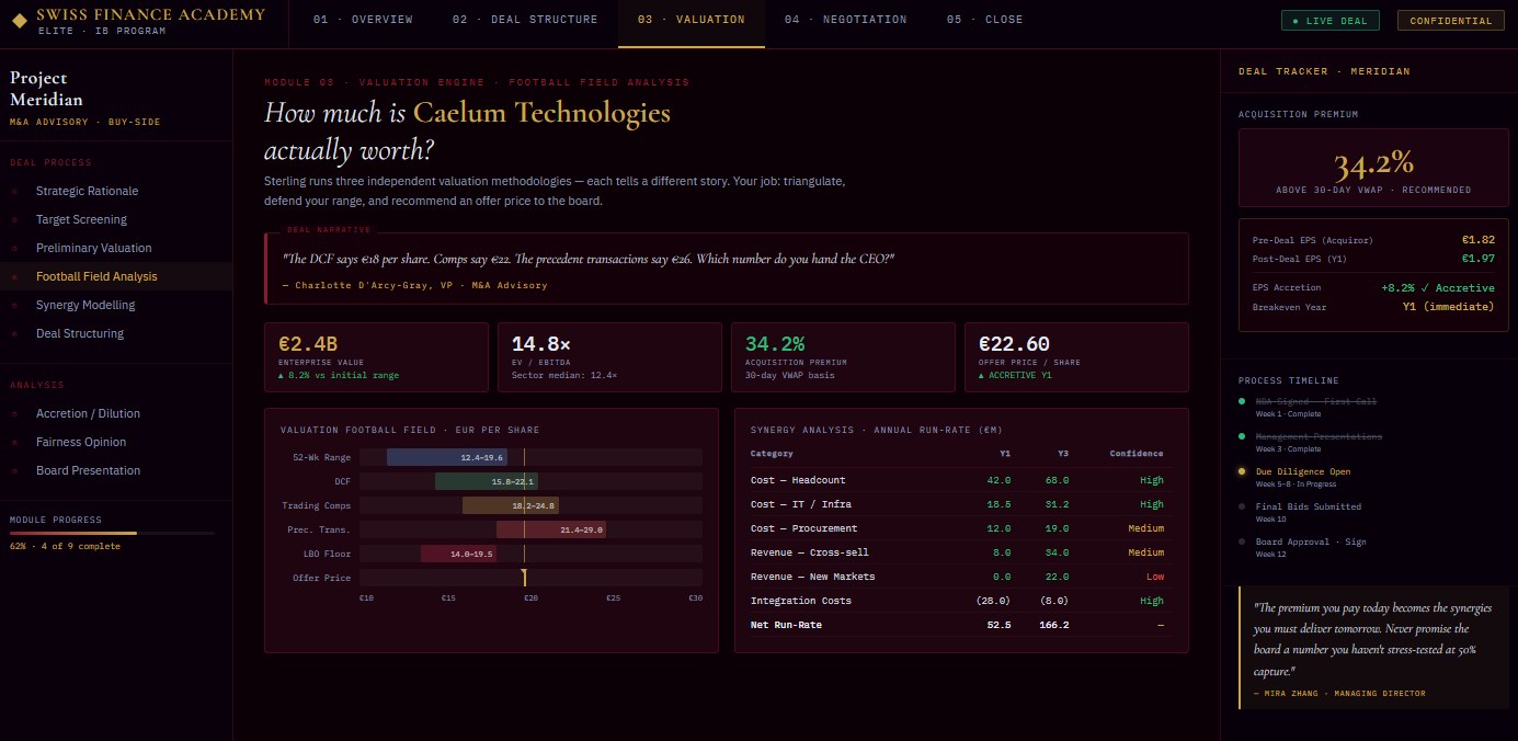 Course platform: valuation module with a football-field chart